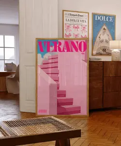 Verano Poster, 70s Wall Print, Summer Poster, Beach Poster, Psychedelic Art, Retro Print, Girly Decor, Pink Preppy Art, Aesthetic Wall Decor