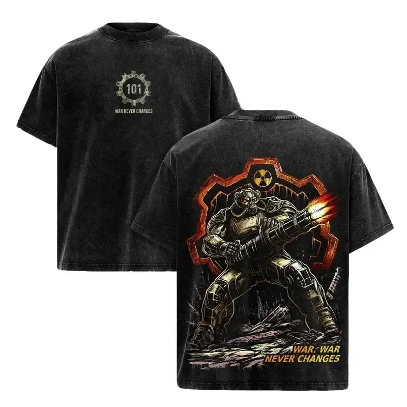 Fallout Vault 101 Power Armor Vintage Wash Oversized Heavyweight T-Shirt Tee, Premium Soft 100% Cotton Distressed Graphic Tee, Perfect Gift for Gamers War Never Changes Retro Streetwear