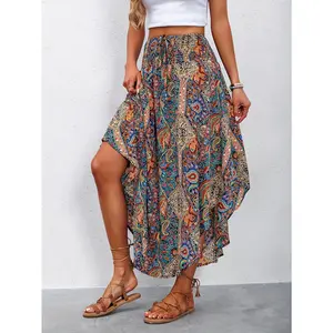 Women's High-Waist Midi Skirt with Floral Print and Ruffle Hem - Colorful Summer Skirt for Casual or Festive Occasions |   A-Line-Silhouette |   Ruffle Detail