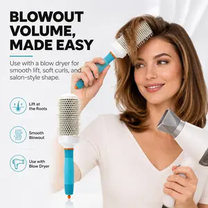Blue Ceramic Thermal Round Brush, Vented Aluminum Barrel Blow Dry Styling Brush for Volume, Smooth Hair, Soft Curls & Salon Blowout Styling, Heatless Styling