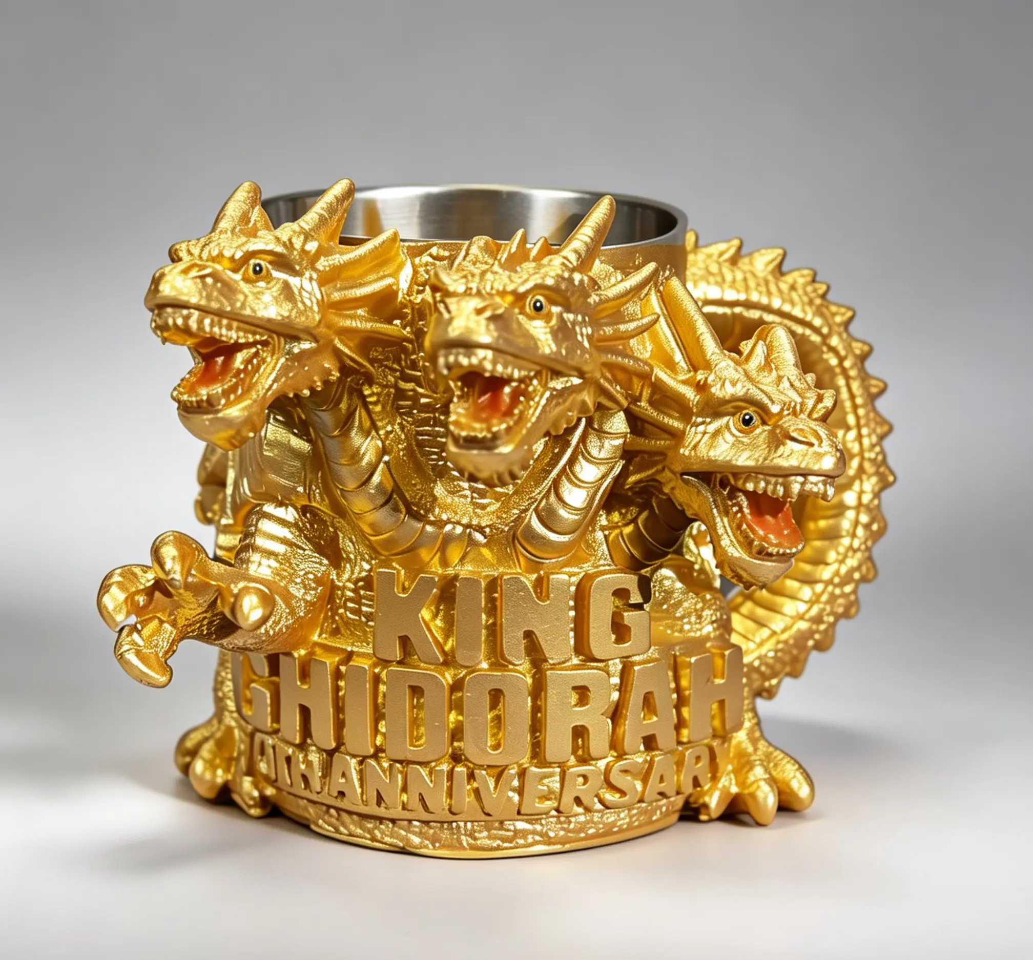 Premium King Ghidorah Themed Coffee Mug, Detailed Gold 3D Monster Tankard, Special 70th Anniversary Collectible, Unique Sci-Fi Gift,Stainless steel inner liner
