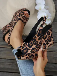 Women's Leopard Print Thick Sole Peep Toe Wedge Sandals, Glossy Leather Casual Summer Shoes, High Heel Slippers for 2026 New Season