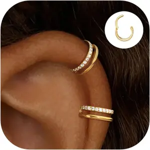2-Piece Cartilage Double-Hoop Earrings Set – 14K Gold Plated Stainless Steel with Cubic Zirconia. Trendy Helix & Conch Piercing Jewelry for Women. Hypoallergenic & Shiny.