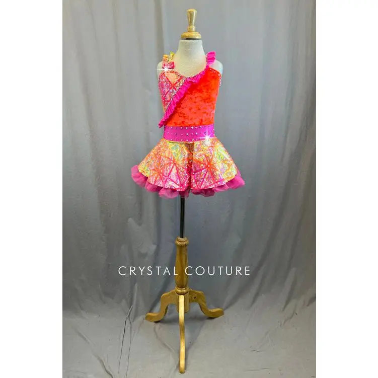 Pink, Orange and Yellow Holographic Leotard with Skirt - Rhinestones