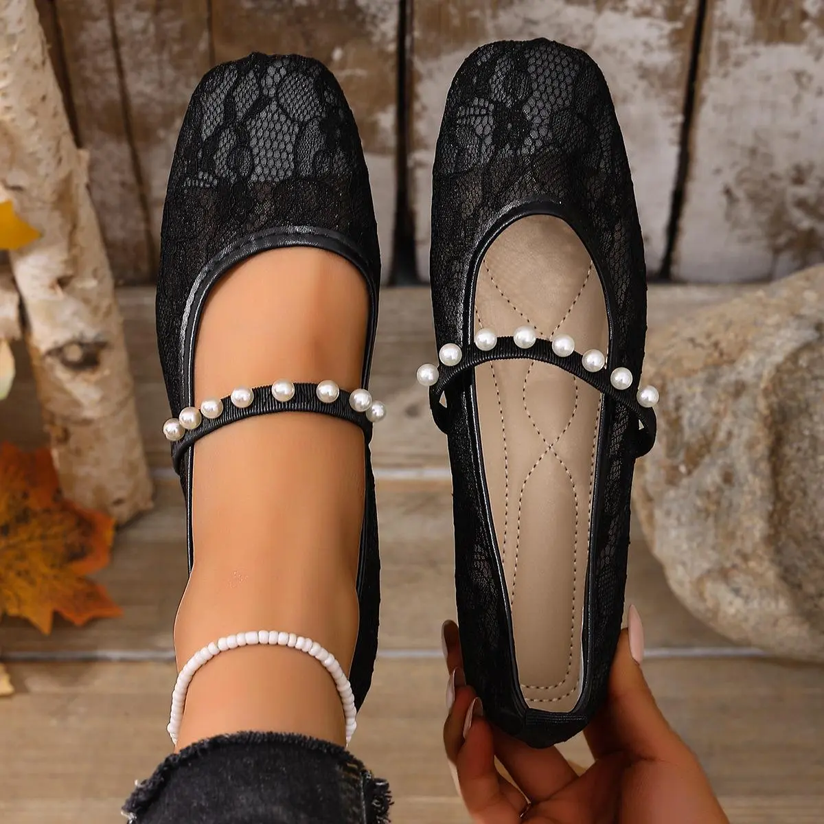 Women's Lace Ballet Flats - Casual Women's Shoes with Pearl Strap, Square Toe Mary Jane Design, Lightweight Comfortable Slip-On Dress Shoes for Work, Daily Wear
