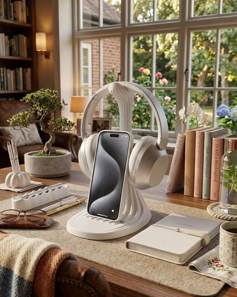 Headphone Stand with Phone Holder 3D Printed Desk Organizer | Gaming Headset Compatible, Dual Device Dock, Desk Setup Accessory, 3D Printed Design, Headset & Phone Storage