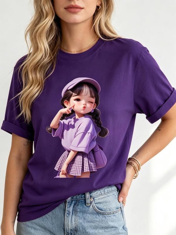 Women's Preppy Soft Cotton Short-Sleeve Crewneck Tee - Purple Kawaii Chibi Print Fitted Cut Tshirt, Casual Beach Wear Casual Tee for Women