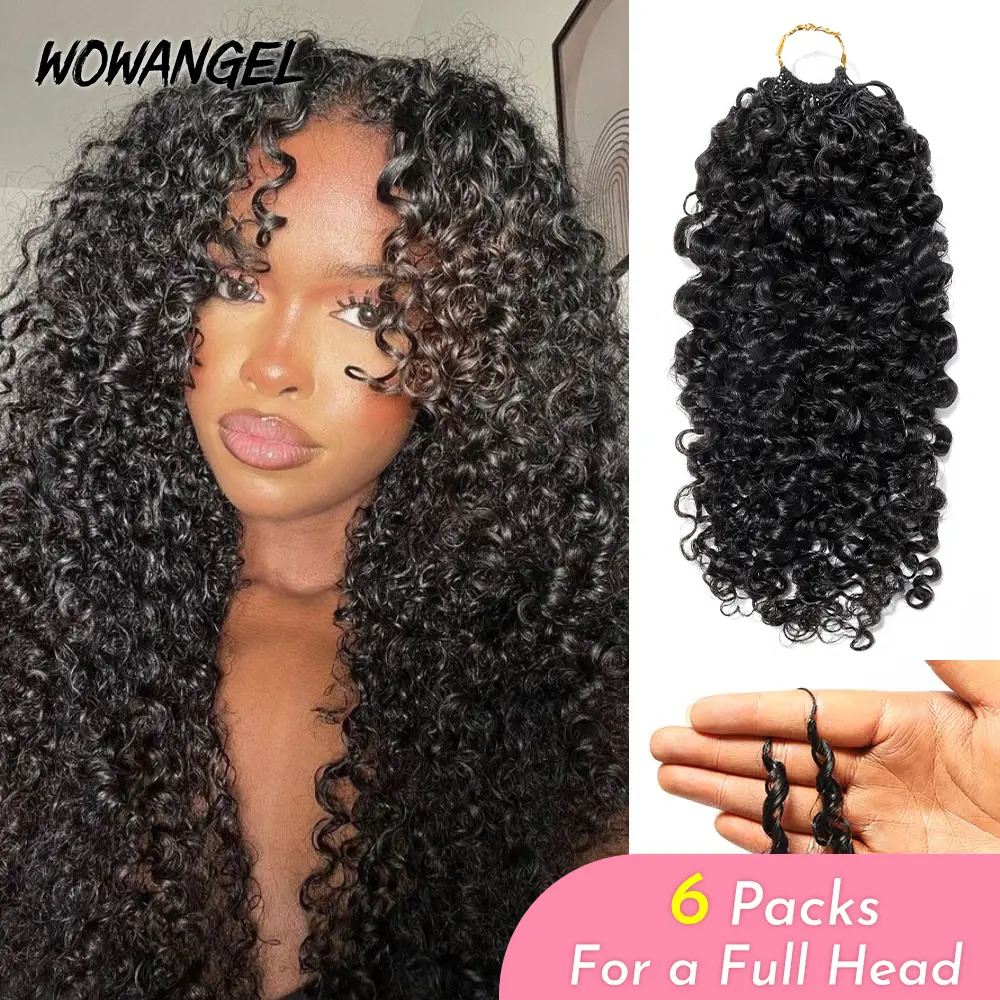 [Buy 5 Get 1 Free] Burmese Curly Kinky Curly Pre-Separated Feather Crochet Hair Miracle Knots Braids For Braiding Deep Wave invisible Miracle Knots Real Human Hair Extensions With String Hair Bundle Nature Black Color 18inch For Black Women WOWANGEL
