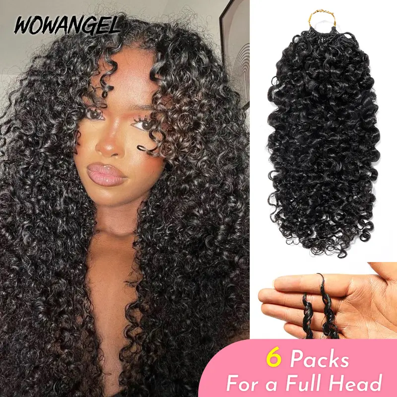 [Buy 5 Get 1 Free] Burmese Curly Kinky Curly Pre-Separated Feather Crochet Hair Miracle Knots Braids For Braiding Deep Wave invisible Miracle Knots Real Human Hair Extensions With String Hair Bundle Nature Black Color 18inch For Black Women WOWANGEL