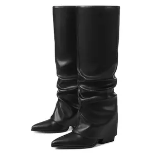 AOSPHIRAYLIAN Slouched Ruched Fold Over Boots for Women Wide Calf Pointed Toe Casual Boot Women's Wedge Heel Fold Over Boot