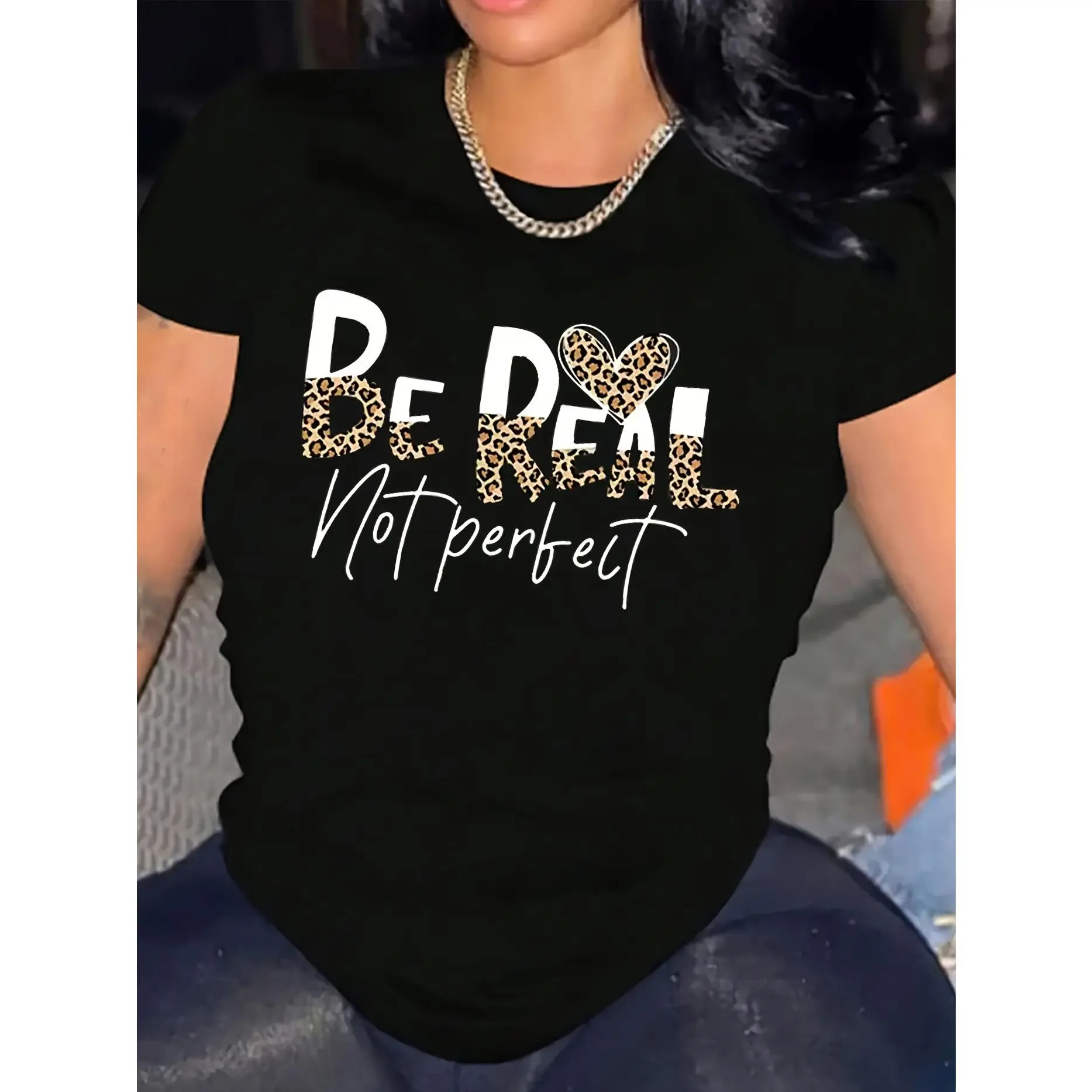 Women's Digital Print T-Shirt, Casual "Be Real Not Perfect" Leopard Graphic Top, Soft 100% Cotton Short Sleeve Relaxed Fit Tee for Summer, T Shirts For Women, Lady, Leopard Print, Graphic Tops, Round Neck, Soft Cotton, Short Sleeves, Graphic Lettering