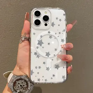 Soft Girl Magnetic Case for iPhone11/12/13/14/15/16/17/promax, Silver Star Pattern Lightweight, Drop-Proof, MagSafe Compatible | Perfect for Teen Girls