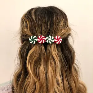 Red and green Christmas peppermint candy handmade hair clip barrette