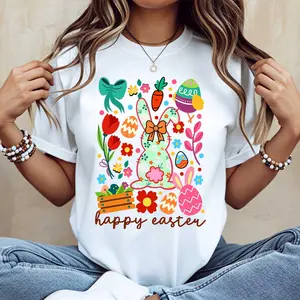 Easter Bunny Egg Flowers And Carrot Print T Shirt White Crewneck Casual Spring Holiday Wear