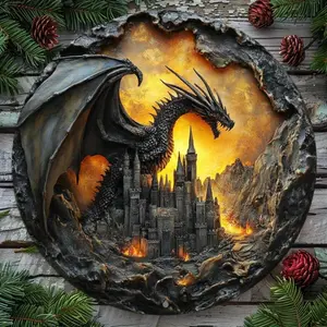 Dragon & City Pattern Round Wall Art, 2D Flat-printed Wall Decor, Vintage Metal Sign for Party Decor, Ideal Halloween & Christmas Gifts, Ornaments