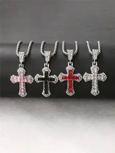 Rhinestone Decorated Cross Pendant Necklace, Cuban Chain Necklace, Fashion Jewelry for Party, Daily Clothing Decor, Trendy All-match & Exquisite Jewelry for Birthday Gift, Modern Versatile Accessories