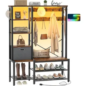 Heavy Duty Hall Tree with Storage Bench, Coat Rack, 5-Tier Shelves, Fabric Storage Basket, Side hooks, 5 in 1 Large Organizer for clothes Coat Shoes