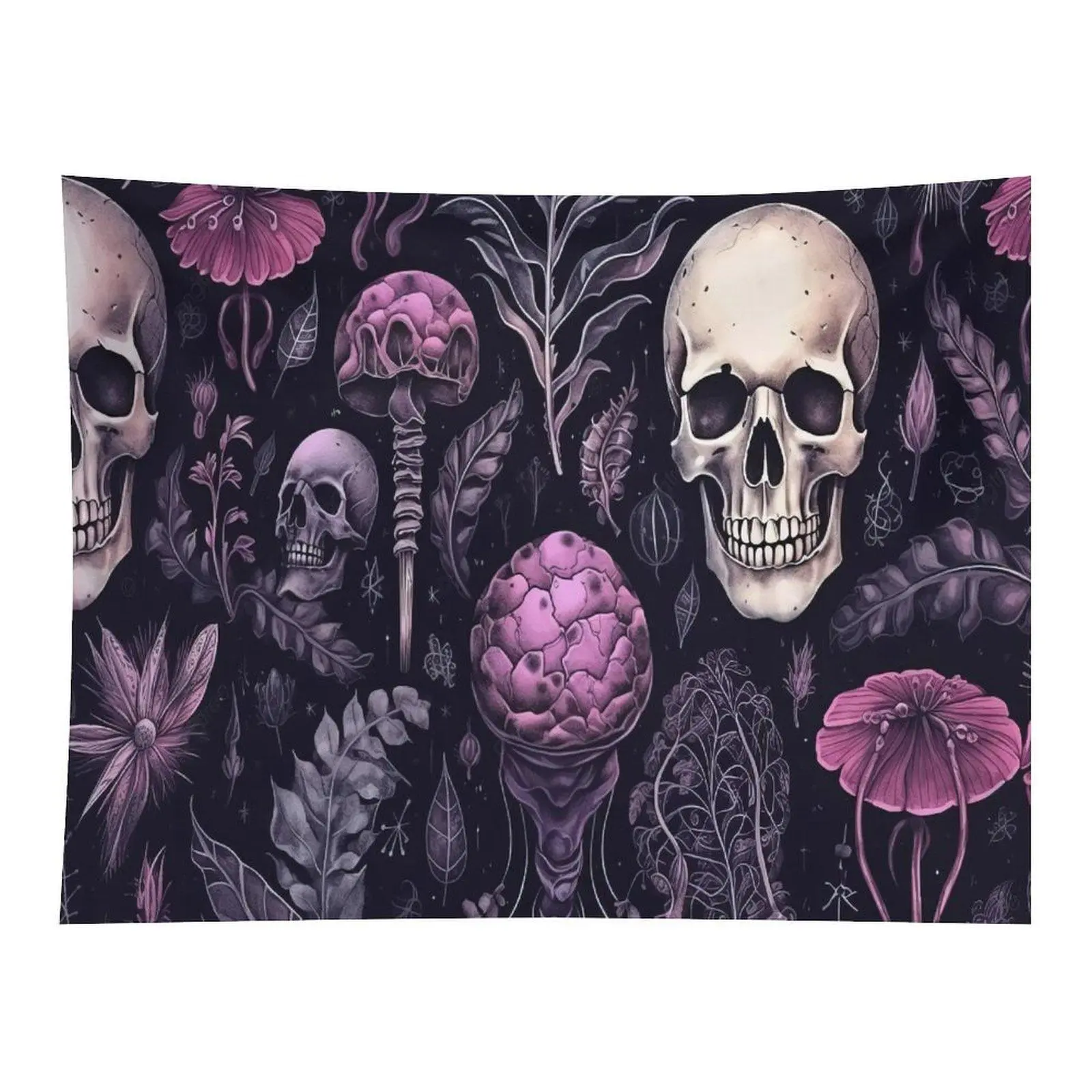 Dark Black Background Seamless Pattern White Skulls Pink Mushrooms Wild Floral Leaves Gothic Dark Cottagecore Spooky Botanical Wall Tapestry For Edgy Teen Bedroom Decor