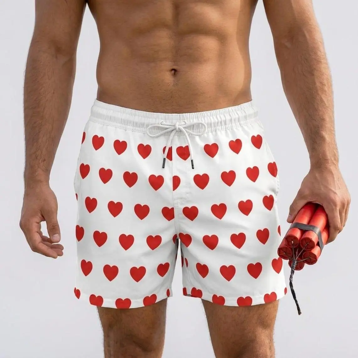 Dungeon Crawler Carl Red Heart Pattern Boxers, DCC Cospaly, LitRPG Book Lover Gift, White Swim Shorts, Men's Mid-Length Swim Shorts
