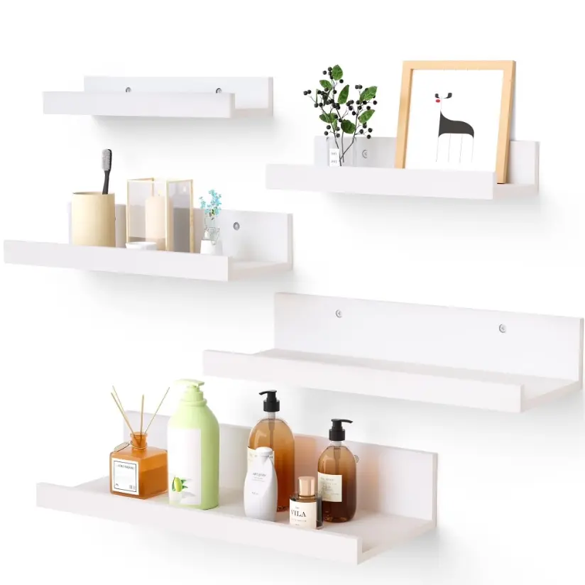 Floating Wood Shelves - Wall-Mounted Home Decor Shelves, Set of 5 with Multiple Sizes