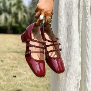 Women's Closed Round Toe Mary Jane Pumps with Adjustable Strap Patent Leather Chunky Heels 1.89 inch Comfortable Fashion Shoes for Girls Elegant Design Footwear Elegant Stylish