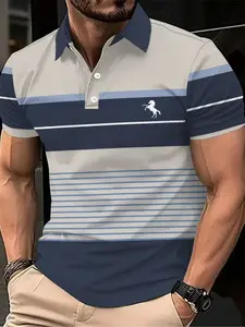Men's Striped Short Sleeve Polo Shirt, Fashionable Fitted Casual Fit, Summer Essential, Graphic Pattern, Versatile and Trendy