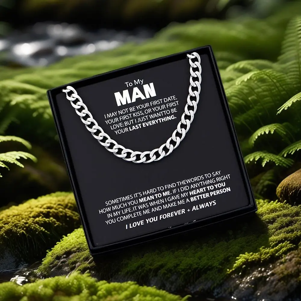 1Pcs“To My MAN” Stainless Steel Cuban Chain Necklace for Men - Valentine’s Day, Birthday, Christmas, Anniversary Gifts for Husband Boyfriend with Luxury Gift Box & Card, Cuban Link Chain Jewelry Gift for Man