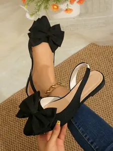 Women's Pointed Toe Flat Sandals, Rubber Sole, Gentle Bow Design, Adjustable Elastic Back Strap, Casual Fashion, Suitable for Daily Commute