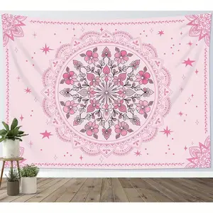 Pink Bohemian Mandala Wall Tapestry - Exquisite Boho Floral Design and star patterns, high-quality fabric, suitable for bedroom, living room, dorm decoration, Bohemian style home art to enhance the atmosphere of the room, Flower Pattern Tapestry