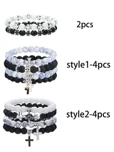 Men's Casual Hip-Hop Cross Pendant Necklace Set, Drip Oil Couple Beaded Stackable Bracelets Bangles Set Jewelry Gift for Daily Dating Vacation Party