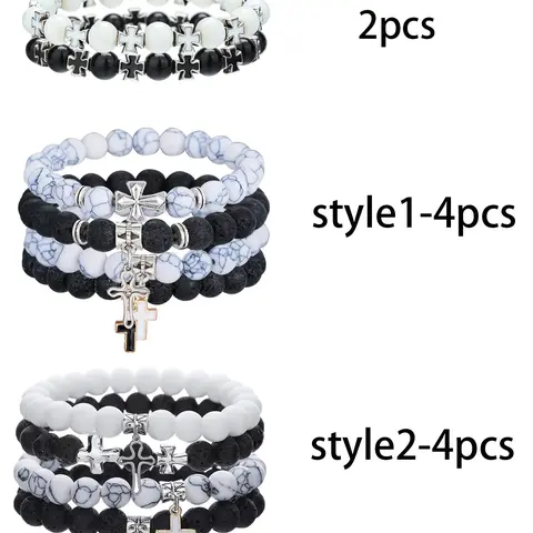 Men's Casual Hip-Hop Cross Pendant Necklace Set, Drip Oil Couple Beaded Stackable Bracelets Bangles Set, Trendy Jewelry Set, Fashionable Jewelry Set, Jewellery Gift Set for Daily Dating Vacation Party Jewelry Sets