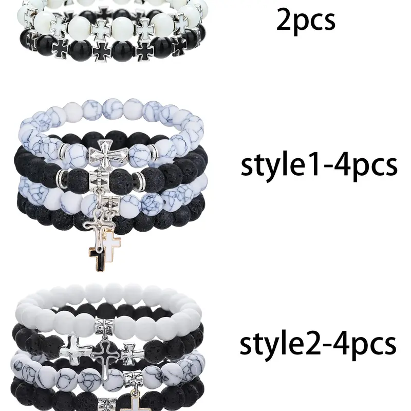 Men's Casual Hip-Hop Cross Pendant Necklace Set, Drip Oil Couple Beaded Stackable Bracelets Bangles Set, Trendy Jewelry Set, Fashionable Jewelry Set, Jewellery Gift Set for Daily Dating Vacation Party Jewelry Sets
