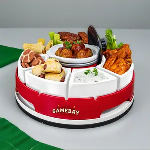Game Day Lazy Susan Appetizer Server 20-OZ Ceramic Heating Pot with 6-Section Tray for Dippable Snacks