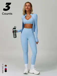 Women's Sporty Three-Piece Set, High Neck Zipper Jacket & Shaping Tight Fit Top & Yoga Pants, Casual Fashion for Daily Wear & Outdoor Activities, Comfortable & Stylish Design, Fall/Winter 2025 Collection