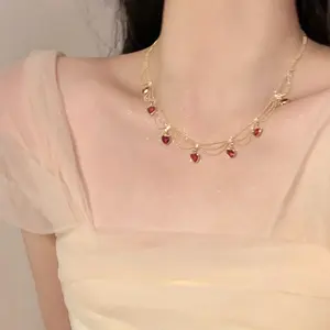 Shiny Vintage Palace Style Super Fairy Heart-Shaped Green Crystal Zircon Clavicle Necklace for Women, DDXL0024 Designer Light Luxury Minimalist Necklace 14K Gold-Plated