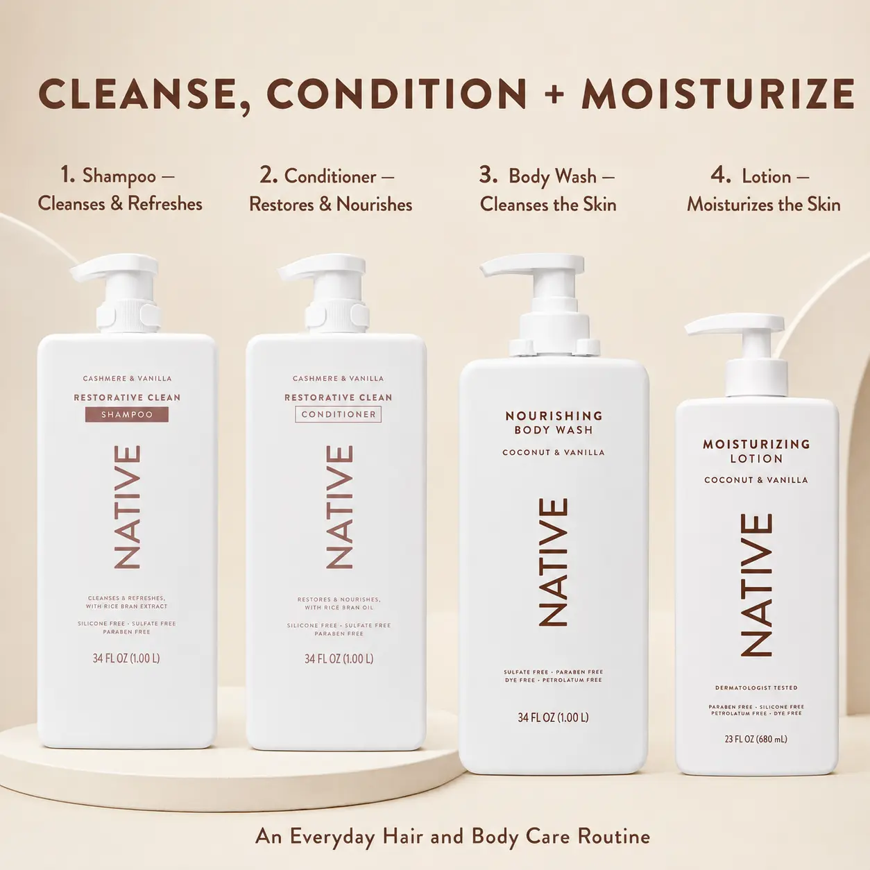 Native 4-Piece Hydrating Hair & Body Care Set - Cleansing Daily Restore Bundle with Shampoo, Conditioner, Body Wash, Rice-Infused Nourishing Lotion, Cashmere & Coconut Vanilla Scents, Moisture Boost to Moisturize