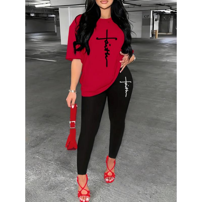 2 piece sets double layer dress Casual Faith Print Pantsuits, Short Sleeve T-shirt & Skinny Leggings Outfits, Women's Clothing Fabric Womenswear Collar Spandex Comfort Gamis Crewneck Fitted Multicolor Shortsleeve 2 piece sets women Polyester Ginger-Colore