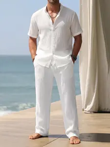 Men's 2-Piece Set Short Sleeve Blouse and Long Pants, Summer Casual Fashion, Pocket Drawstring Thin Semi-Transparent Knit, Sporty Style