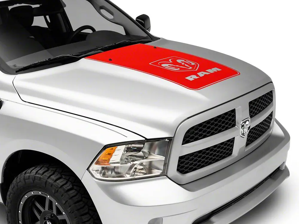 RedRock Licensed RAM Hood Decal with Logo - Red, Wrinkle Resistant, Long Wearing, Removable, Self-Adhesive, Smooth Cast Vinyl, 4 Mil Thick, Sports Styling, Compatible with 2009-2018 RAM 1500 (Excluding Rebel)