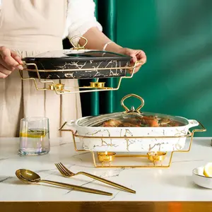 Marble Pattern Casserole Dish with Creative Stand, 3 Sizes Rectangular Ceramic Casserole Dish, Household Tableware for Soups, Stews & Family Meals