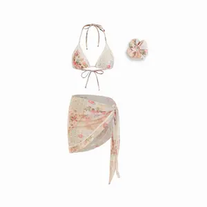 Cider Halter Neckline Floral Lace Trim Triangle Bikini Set With Sarong & Scrunchie