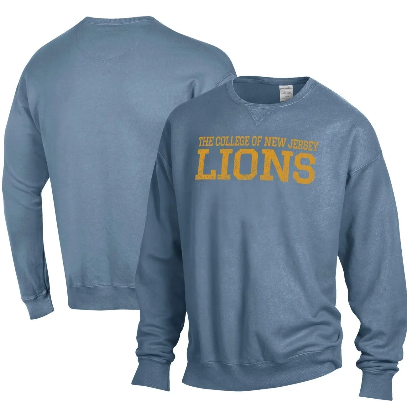 College of New Jersey Lions ComfortWash Stack Garment Dyed Crewneck Pullover Sweatshirt - Steel Blue Vintage Graphic T-Shirt, Oversized Streetwear Tee, Premium Cotton Short Sleeve Top, Retro Y2K Casual Unisex Shirt for Men & Women