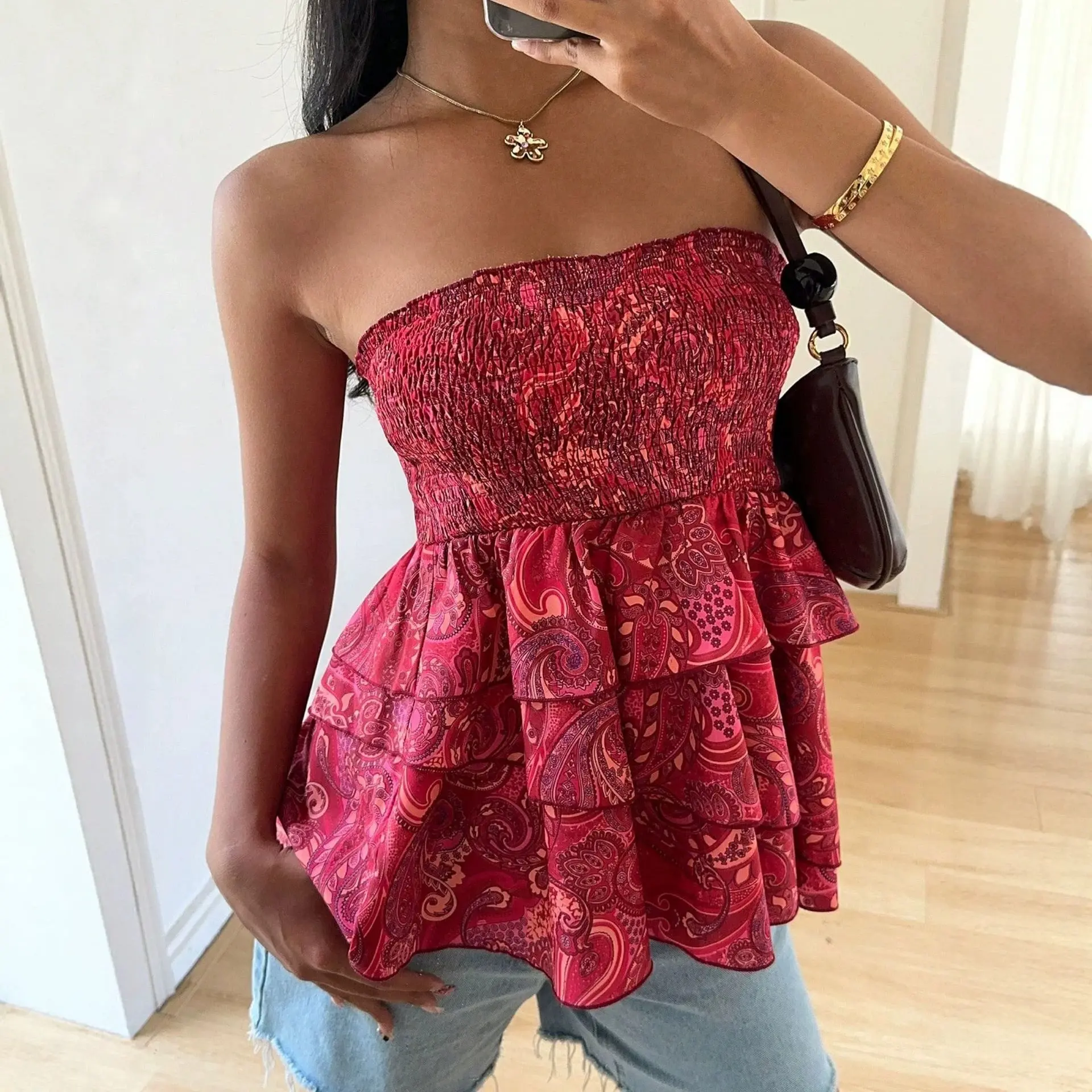 Petal's European And American-style Multi-layer Ruffled Strapless Top