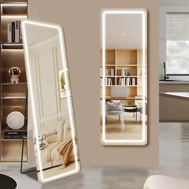 Full Length LED Vanity Mirror with Stand, Dimmable 3 Color Lighting, Wall Mount or Floor Use Aluminum Alloy Frame Durable Glass Mirror with Switch for Bedroom Living Room Decor Standing