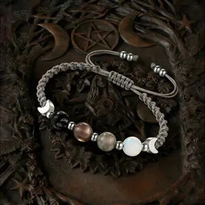 Witchy Natural Crystal Beaded Bracelet, Mixed Obsidian Smoky Quartz Labradorite Moonstone Dark Gradient Soft Cord Bracelet, Spiritual Healing Energy Jewelry, Emotional Balance Negative Energy Cleansing Wrist Accessory for Daily Wear & Witchy Style Matchin