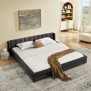 King Size Platform Bed Frame with Cloud Soft Headboard, Chenille Upholstered Grounded Wood Base Bed Frame, No Box Spring Needed, Dark Grey