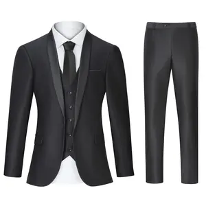 TweedLad Slim Fit One-Button Suit Set - Black Three-Piece Formal Wear with Jacket Vest & Trousers for Men Menswear Long Sleeve Workwear Plain Lawn Beige