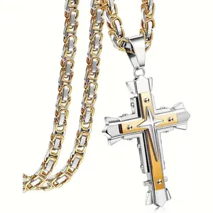 18KGoldPlated316LStainlessSteelMen'sCrossPendantNecklacewith24-InchByzantineCubanChain-HypoallergenicReligiousJewelry,SpiritualGiftforHim,Stylish&DurableDesign