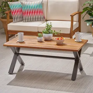 Rustic Metal X-Leg Outdoor Coffee Table, Teak Finish Solid Acacia Wood Top Sturdy Industrial Style Side Table for Patio Garden Backyard
