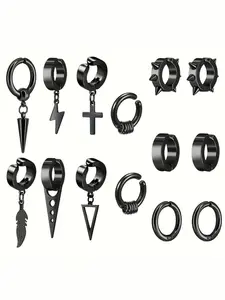 14 Piece Stainless Steel Punk Hip Hop Earrings Set, Gun Spikes Cross Studs Clip on Long Chain Pendant Rings, Unisex Daily Wear Party Gift Jewelry, Trendy Jewelry